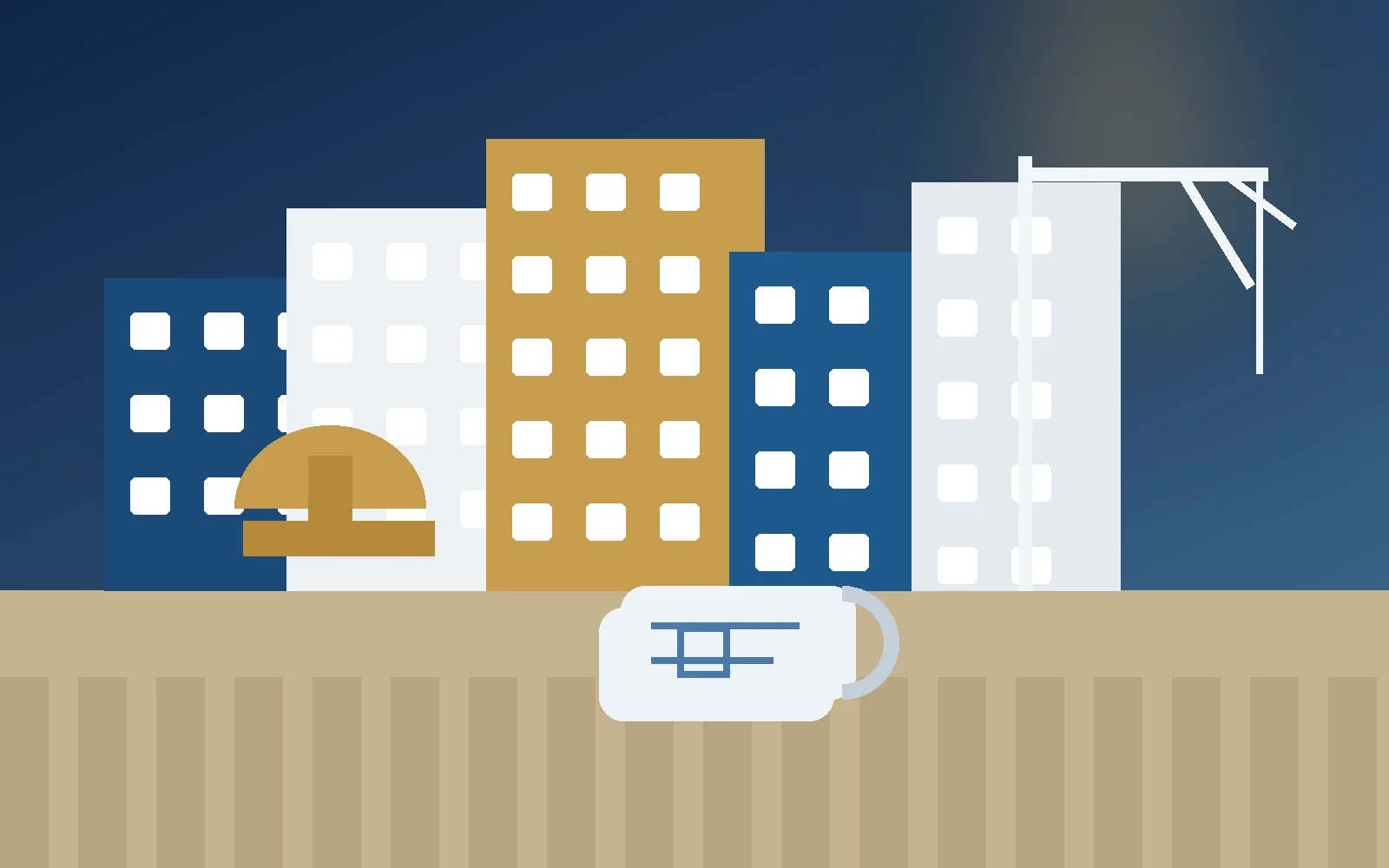 Illustration of construction buildings, a crane, and civil engineering materials